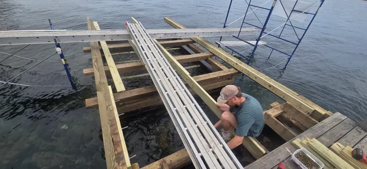 Worker kneeling on timber framing while fitting new stringers